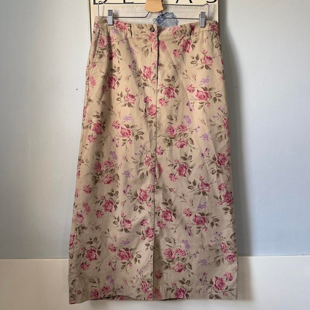 90s Eddie Bauer tailored khaki floral maxi skirt cottagecore — Size 12/womens L